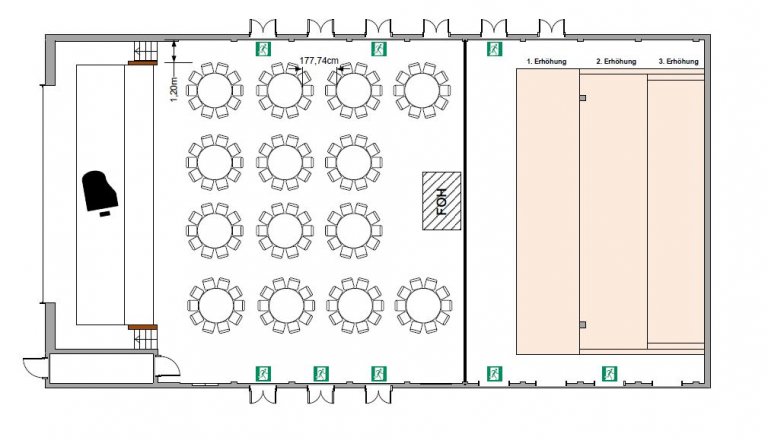 Grossansicht in neuem Fenster: Bestuhlungsplan kleiner Saal runde Tische